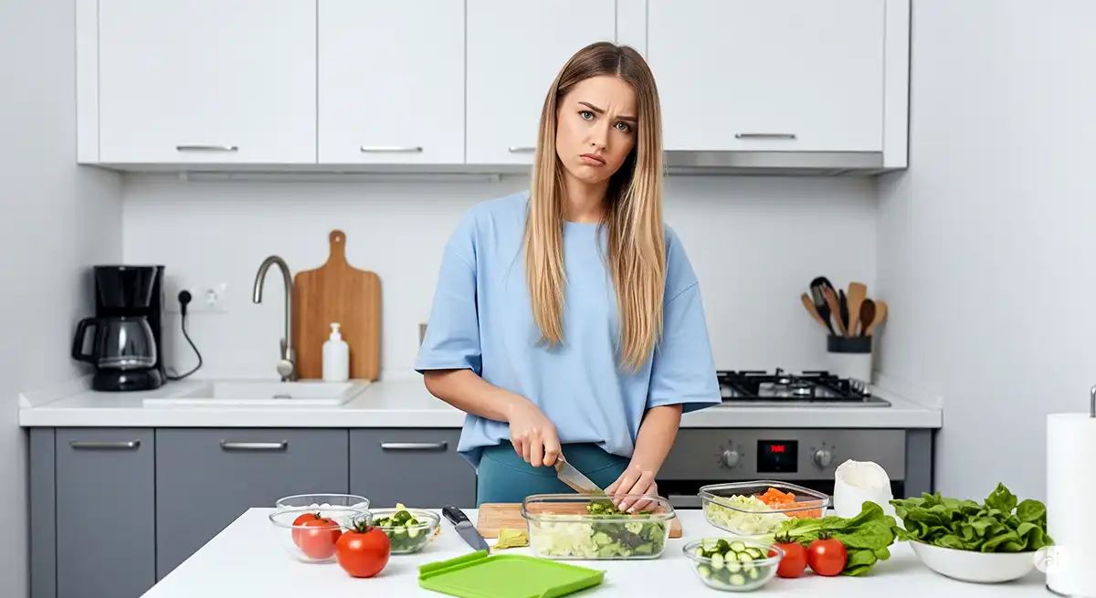 自宅キッチンにて、作り置き料理をいやいやながら作っている料理下手な20代前半の女性