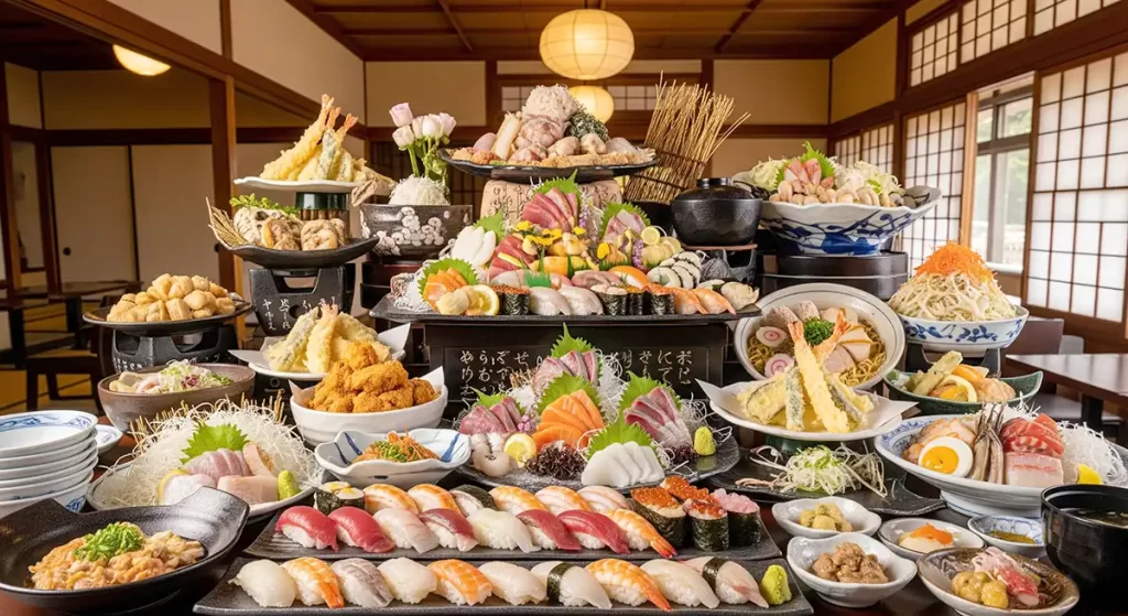 テーブルの上に沢山ある和食料理の山