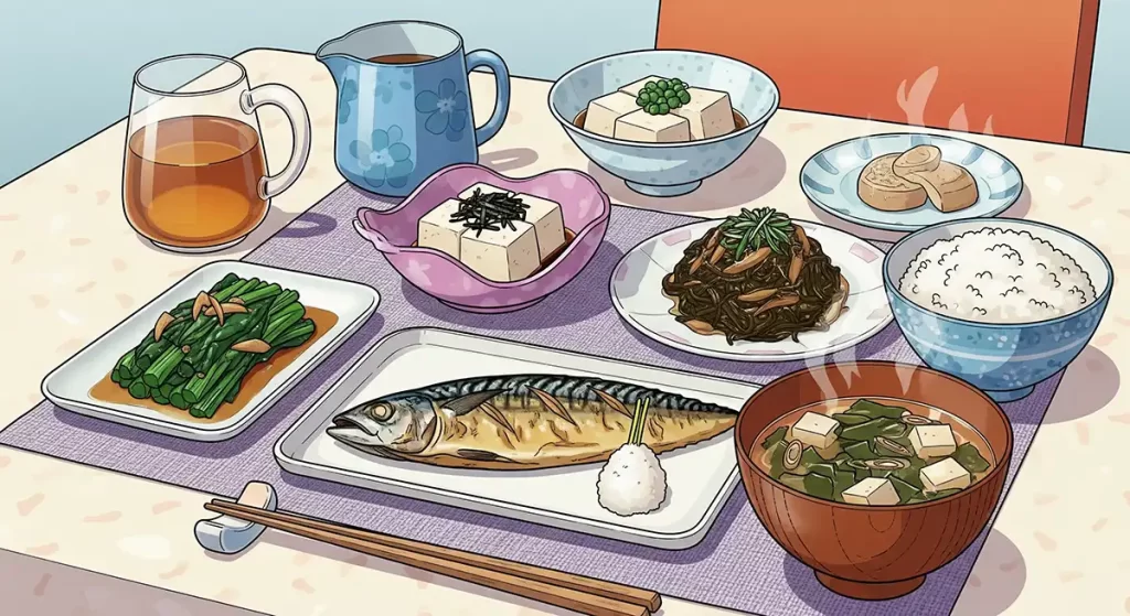 焼き魚(サバ)、冷や奴、ほうれんそうのおひたし、もずく酢、わかめと豆腐のみそ汁、茶碗に盛られたごはんが品良くテーブルにのせられた夕食