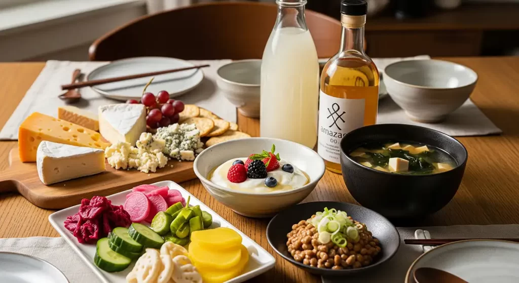 食卓に乗せられたヨーグルト、納豆、味噌、漬物、甘酒、酢、チーズなどの発酵食品
