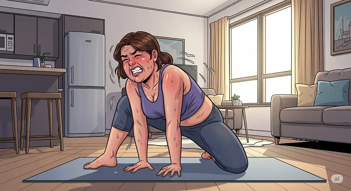 マンションの一室、ヨガマットの上でストレッチを行いながら筋肉痛に顔をゆがめている小太りの女性