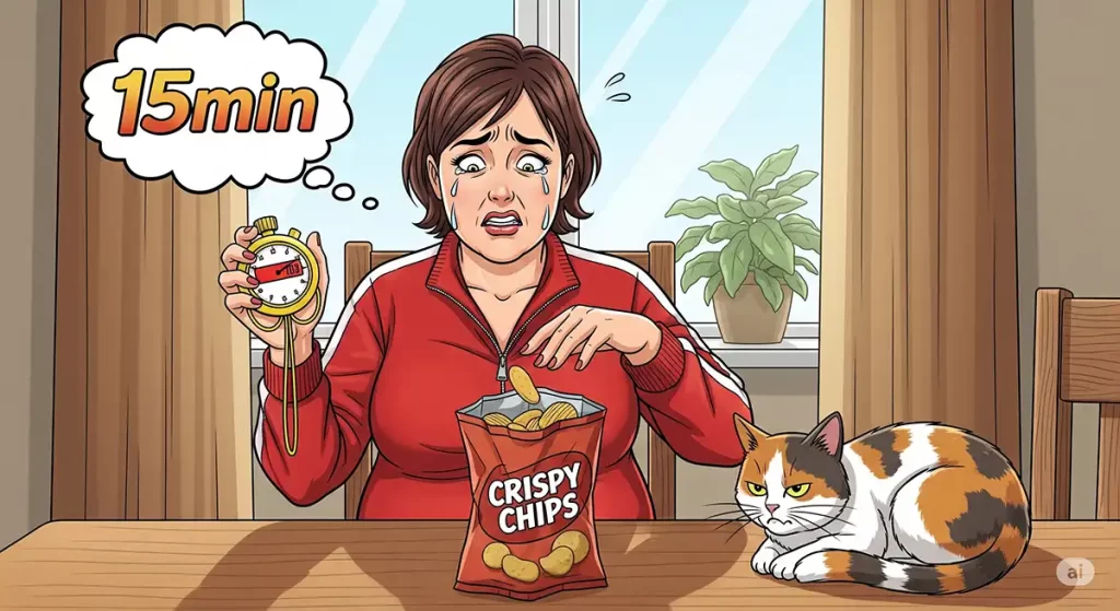 スナック菓子を前に、ストップウォッチを手にしながら15分間食欲に耐えている小太りの女性