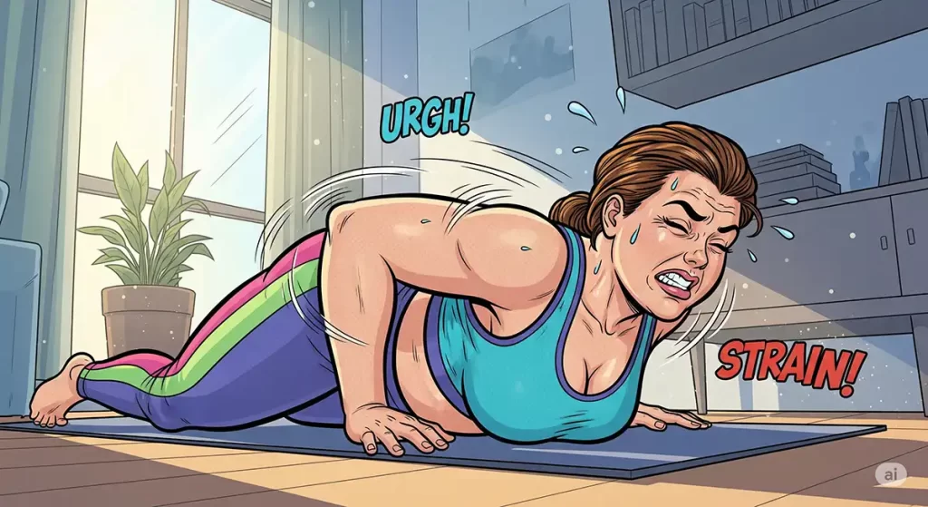 自宅マンションの一室で器具を使わずにヒップリフトでトレーニングしている小太りの女性