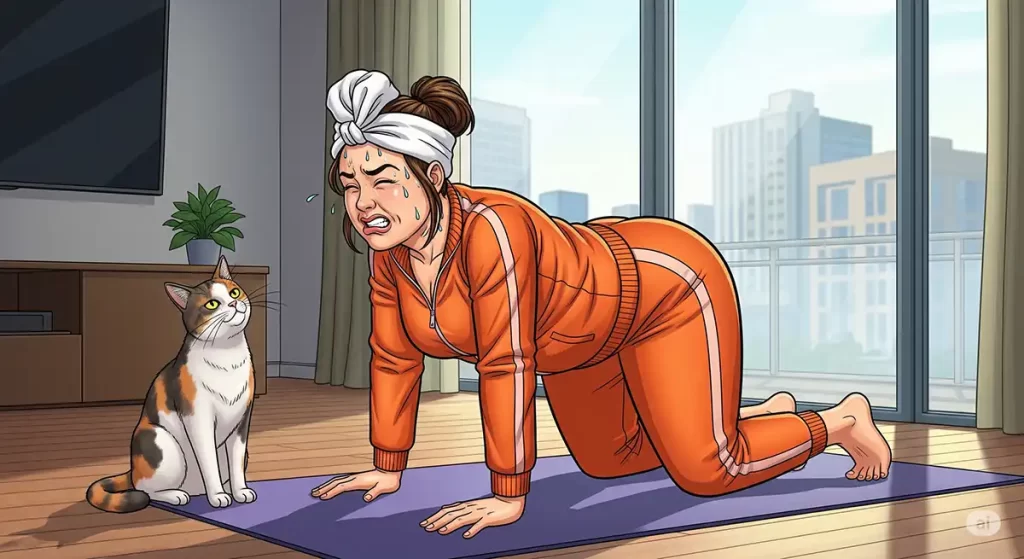 骨盤矯正ストレッチで猫のポーズをしている小太りの女性