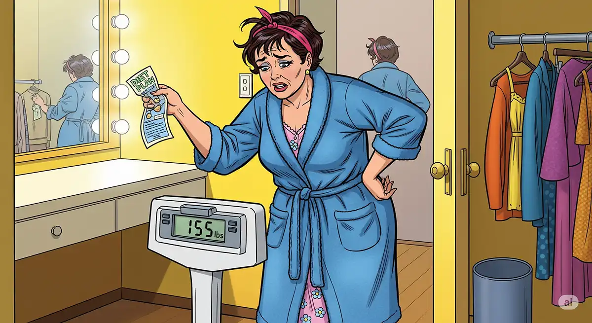 ダイエット停滞期を迎えて、体重計の数字を複雑な表情で見つめる中年の小太り女性