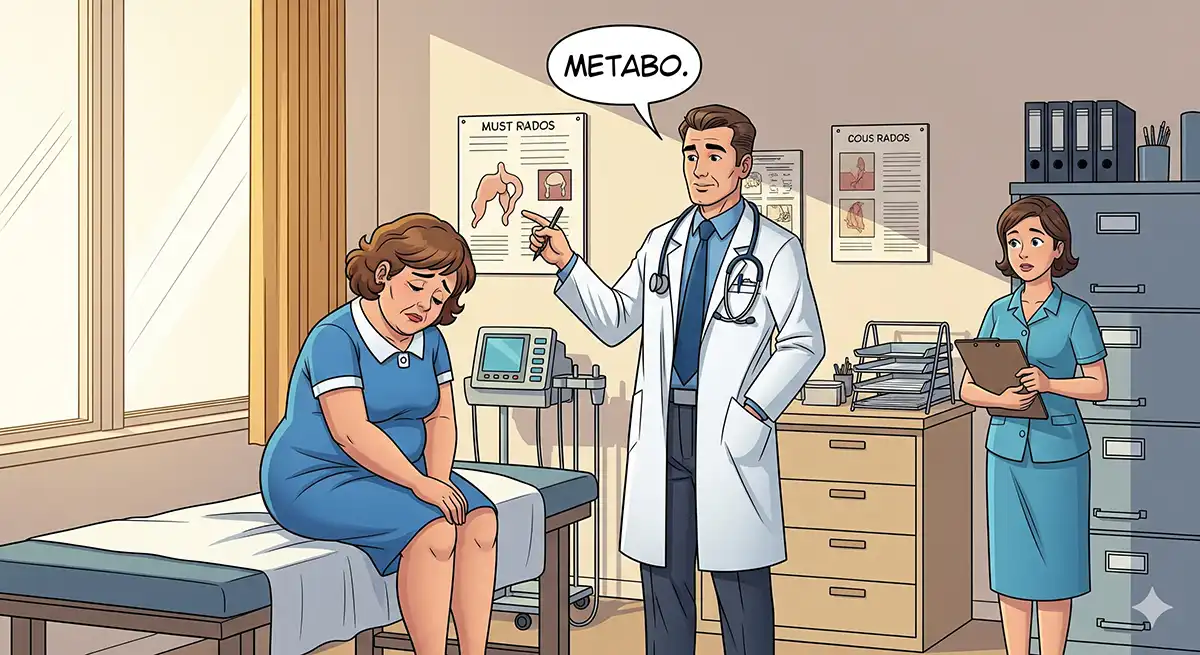 医師から高脂血症とメタボの疑いを突きつけられ、落ち込んでいる小太りの中年女性