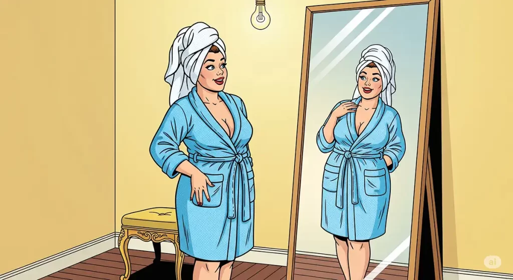 イエットの効果だと鏡で自分の体のラインをチェックする小太りの女性