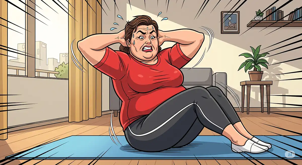 腹筋運動をしているつもりなのだが、体重負けして上体が持ち上がらず四苦八苦している小太りの中年女性