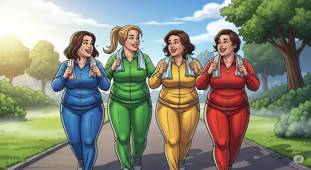 気の合った仲間と楽しそうにウォーキングしている小太りの女性達