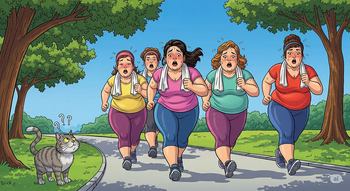 小太りの女性が複数人、公園の遊歩道を早足でウォーキングダイエットをしているイメージ