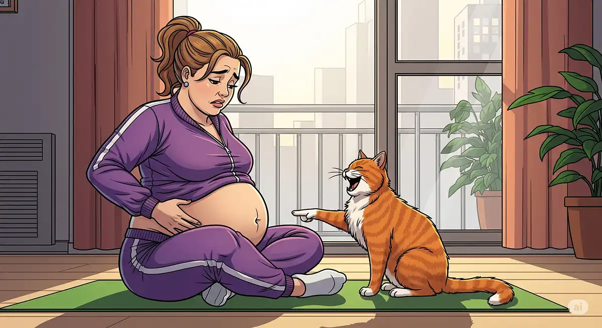 マンションの一室、ヨガマットの上で、最近ぽっこりと出てきたお腹を眺めながらため息をついている小太りの女性