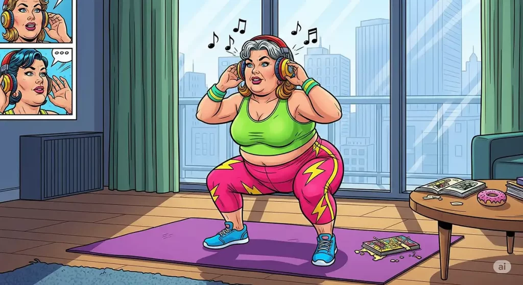 マンションの一室、ヨガマットの上でイヤホンで音楽を聴きながらスクワットをしている小太りの中年女性