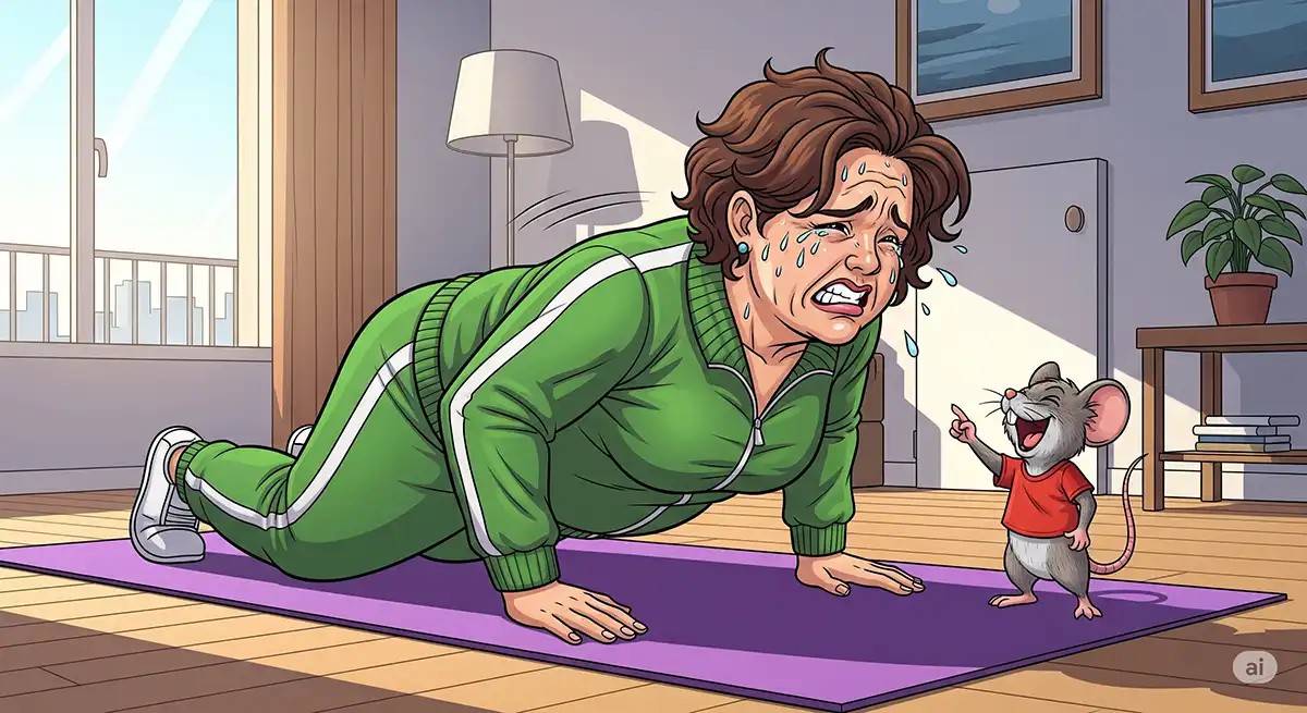 マンションの一室、ヨガマットの上で、ツラいと思いながらいやいやひざつき腕立て伏せを泣きながら行っている小太りの女性