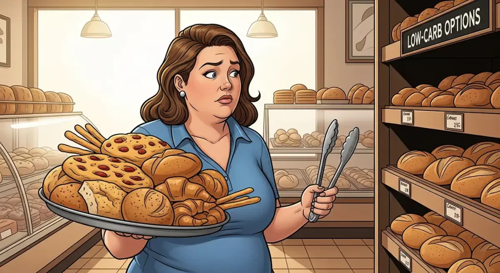 ダイエット中なのにパン屋さんで低糖質パンを探している小太りの女性