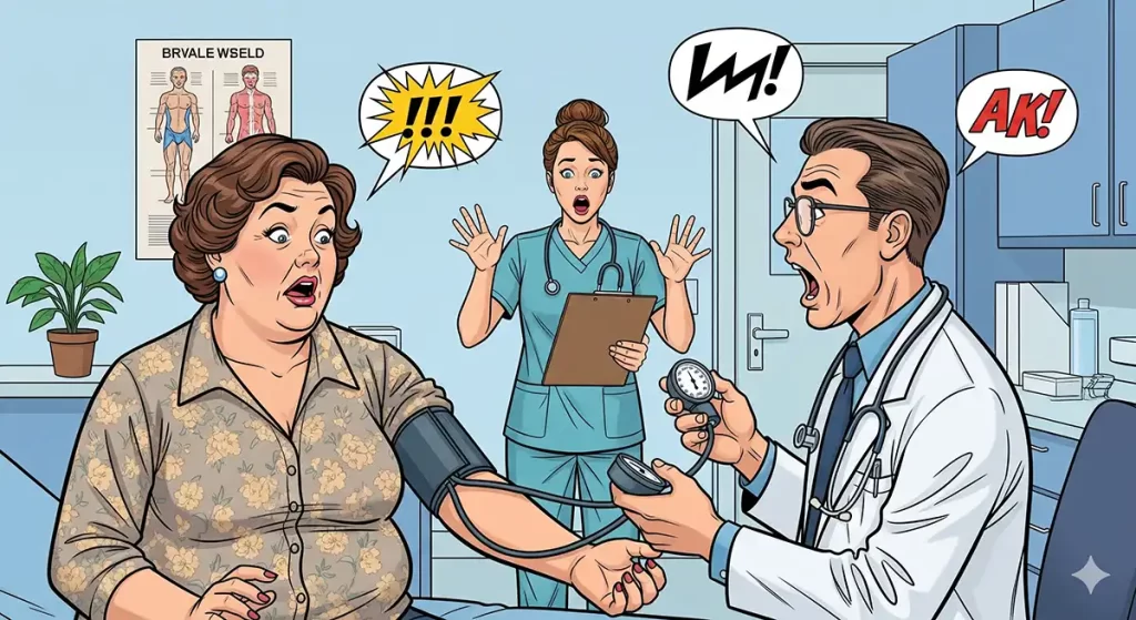 病院の診察室にて、医師に血圧を測ってもらった患者が、あまりの高血圧に医師と一緒に驚いている小太りの中年女性