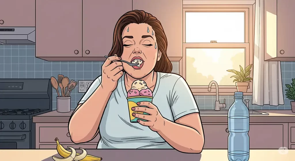 自宅キッチンで、ダイエット運動後に楽しみにしていたアイスクリームをむさぼり食う小太りの女性