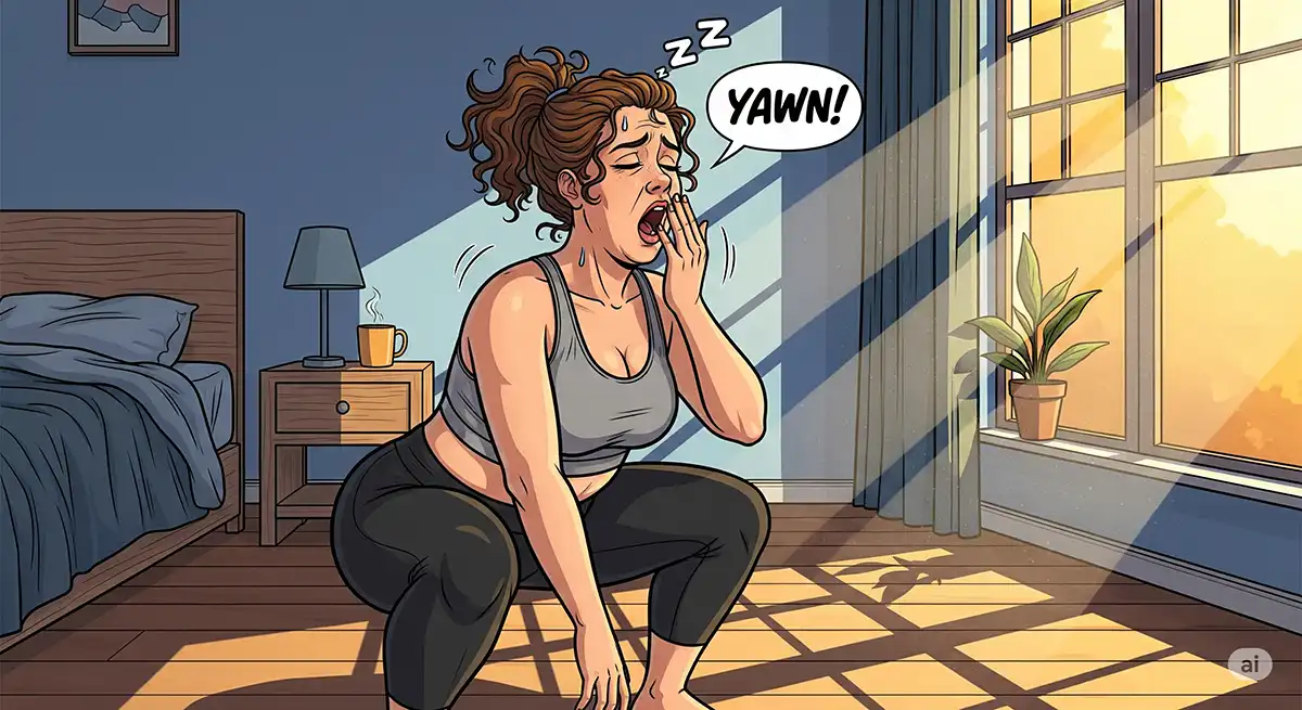 朝活ダイエットで眠そうな顔であくびをしながらスクワットをやっているちょっと小太りの女性