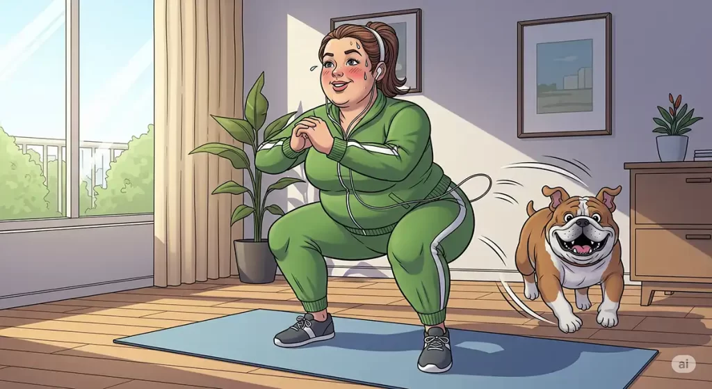 マンションの一室、ヨガマットの上でイヤホンで音楽を聴きながらスクワットをしている小太りの女性