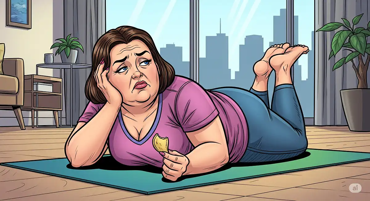 ダイエット運動を始めて見たものの、続かなくてふてくされている小太りの中年女性