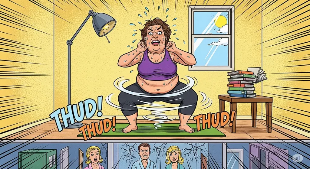 静音ダイエットをしているつもりなのに体重が重すぎて床がガタガタ音を立てて近所迷惑を起こしている小太りの女性