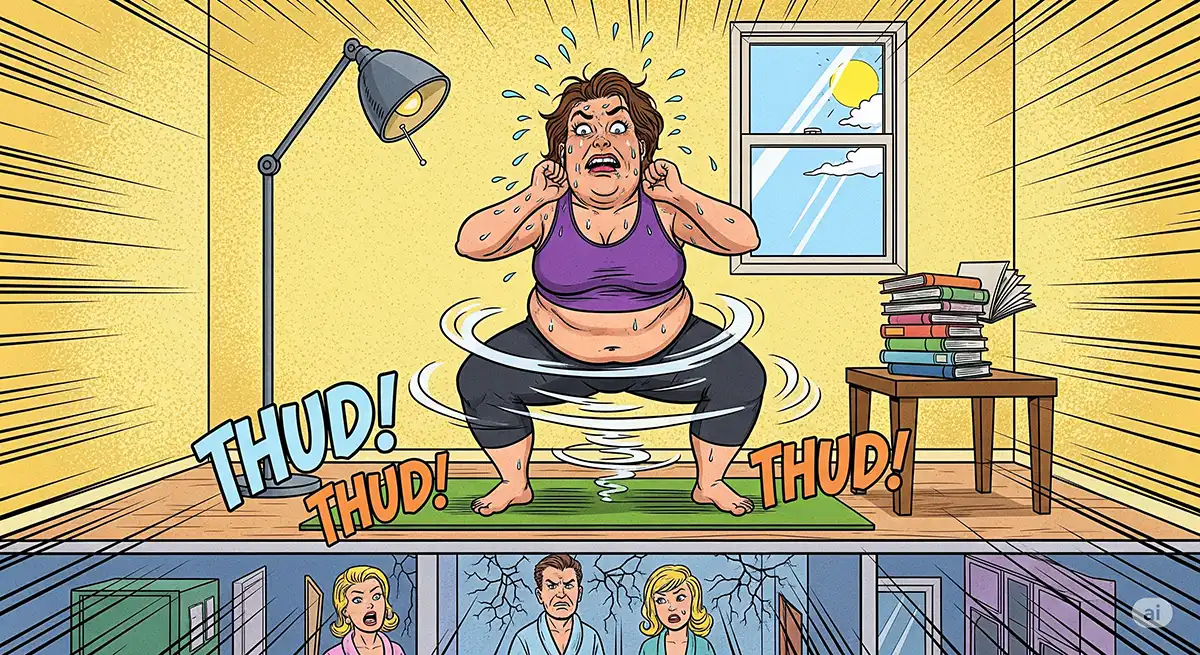 静音ダイエットをしているつもりなのに体重が重すぎて床がガタガタ音を立てて近所迷惑を起こしている小太りの女性