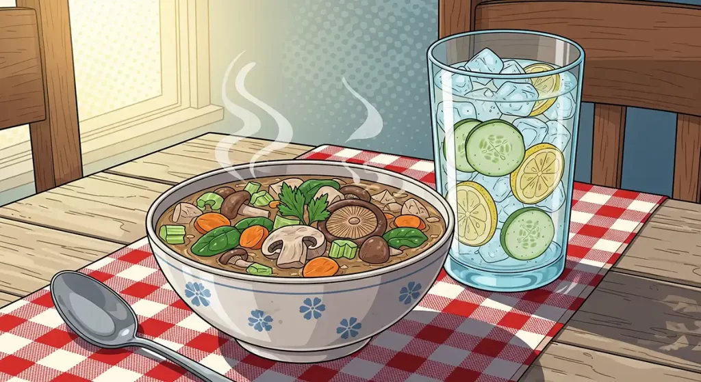 食卓においしそうに置かれたきのこのデトックススープとグラスに入れられたきゅうりとレモンのデトックスウォーター