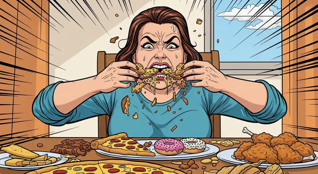 ダイエット中の食欲コントロールに失敗しイライラがつのったあげく、馬鹿食いしてしまった小太りの女性