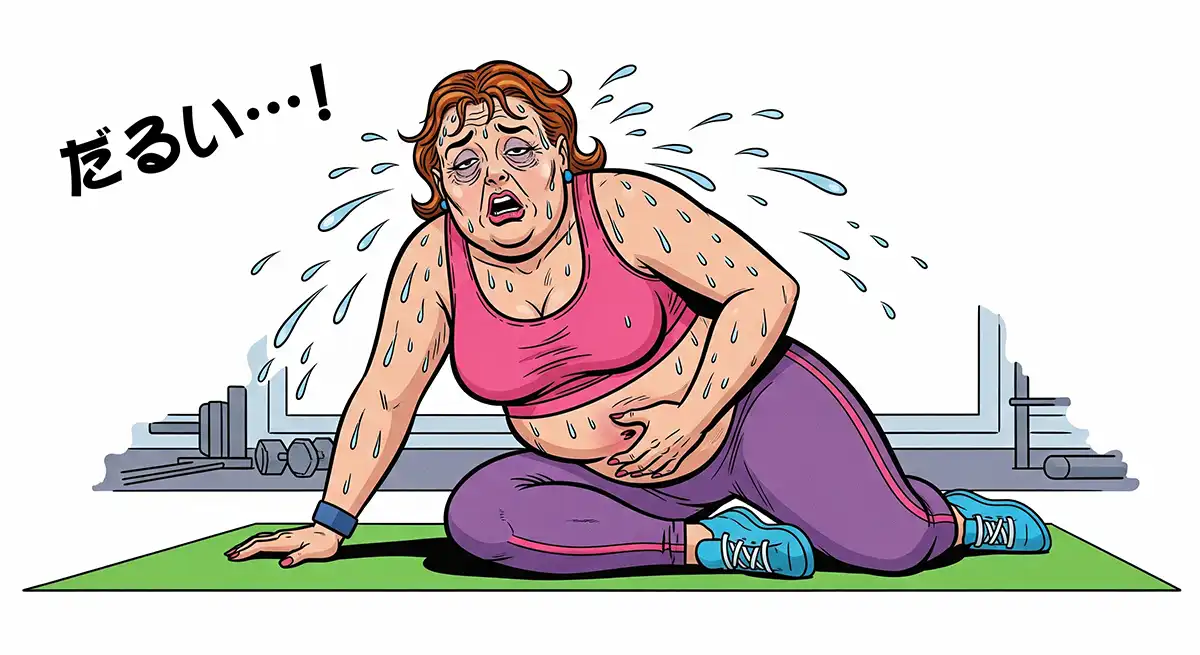 生理中でだるさ100％、今日は運動などやってられないと冷や汗をかき青息吐息の小太り女性