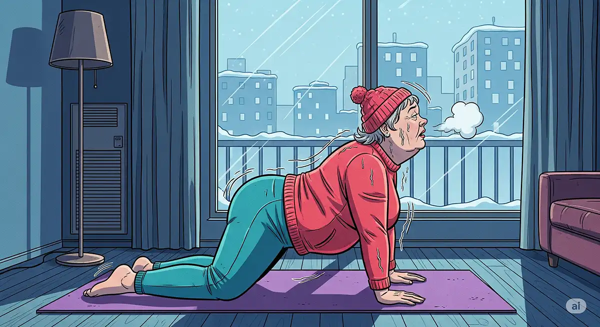 マンションの一室、ヨガマットの上で猫のポーズ（キャット＆ドッグ）を行っているのだが、相変わらずの冷え性で青い顔をしてブルブル震えている小太り女性