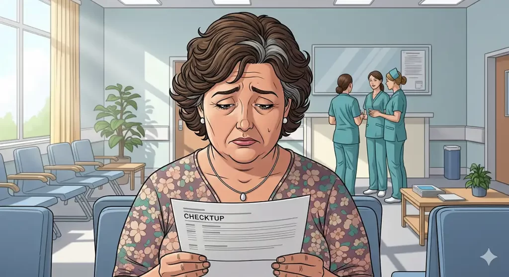 健康診断の数値が悪化しているのを見つけ、落ち込んでいる小太りの中年女性