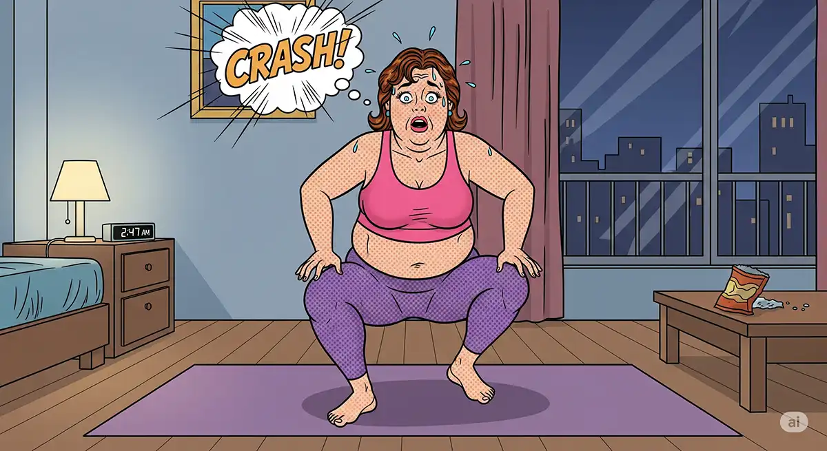 深夜にヨガマットの上でジャンプスクワットをしてしまい大きな音をだしてしまい、大いに焦っている小太りの中年女性