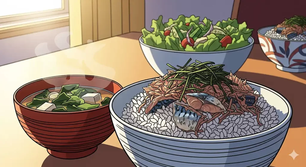 サバ缶とワカメの混ぜご飯