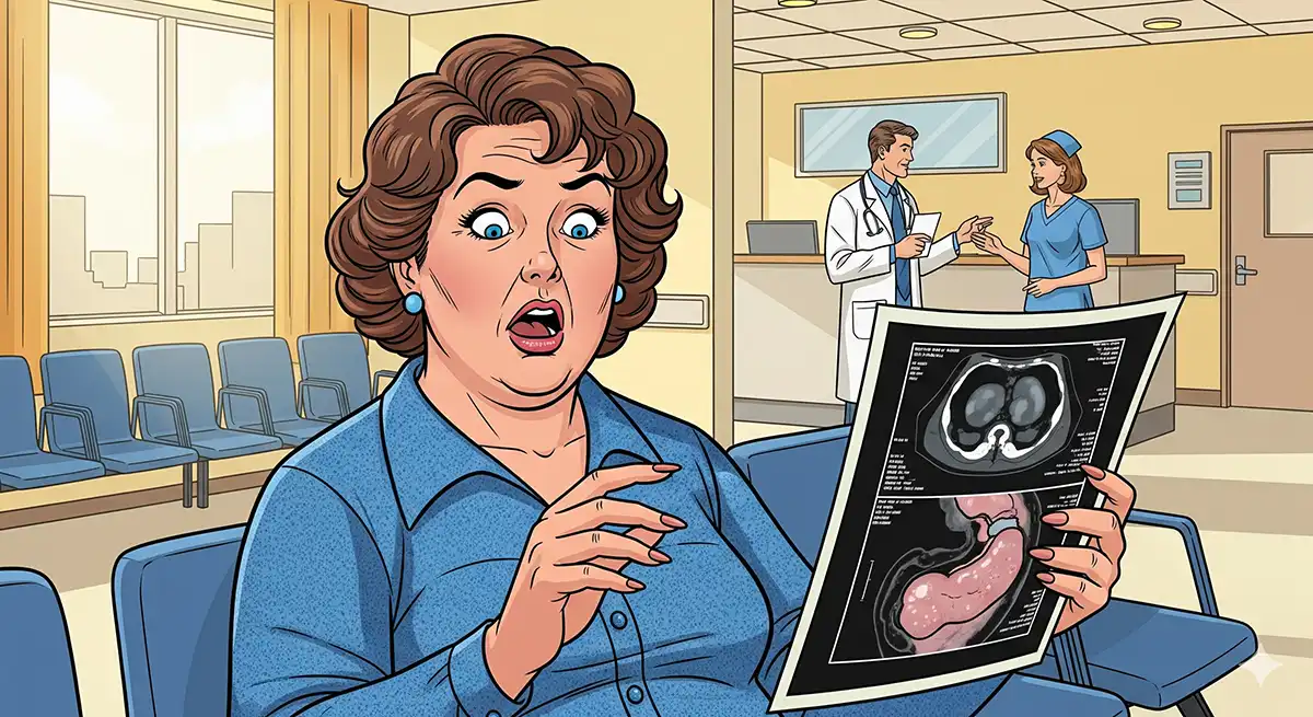 自分の腹部CT画像を見て、内臓脂肪がたまりまくっている様子に驚いている小太りの中年女性