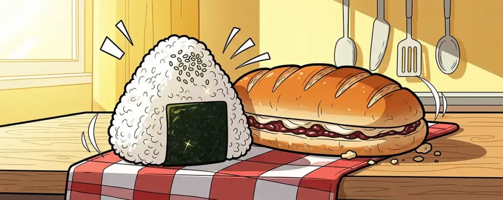 食卓に並べられているおにぎりとコッペパン