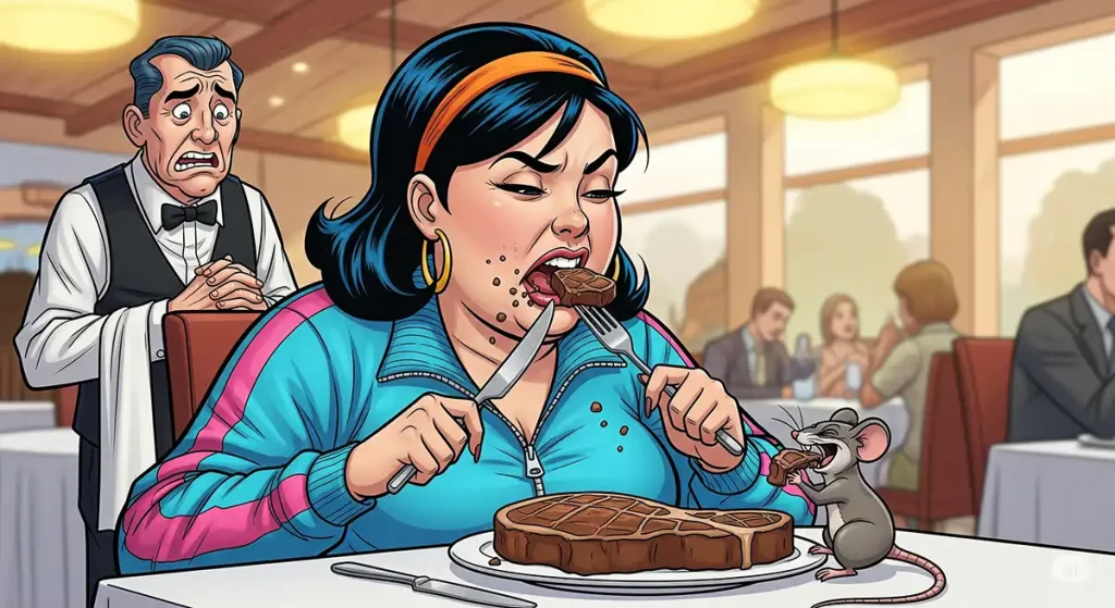 レストランで、ステーキをこれでもかとよくかんで食べている小太りの女性