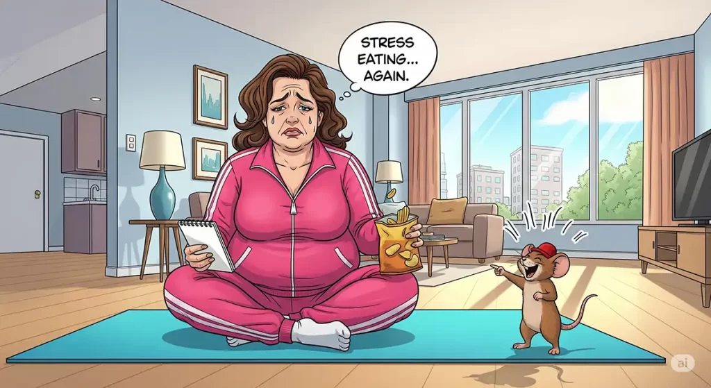 どのような時にストレス食いをしてしまったのか、備忘録としてメモをとっている、情けない顔をした小太りの女性