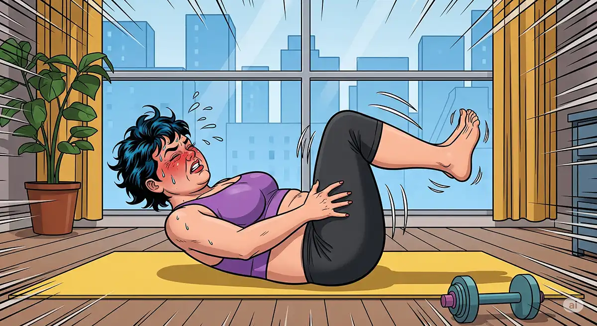 太もも痩せのためにヒップリフトエクササイズを行う気持ちはあるが、体重負けしてヒップアップ出来ず、大汗をかいて歪んだ顔をしている小太りの中年女性