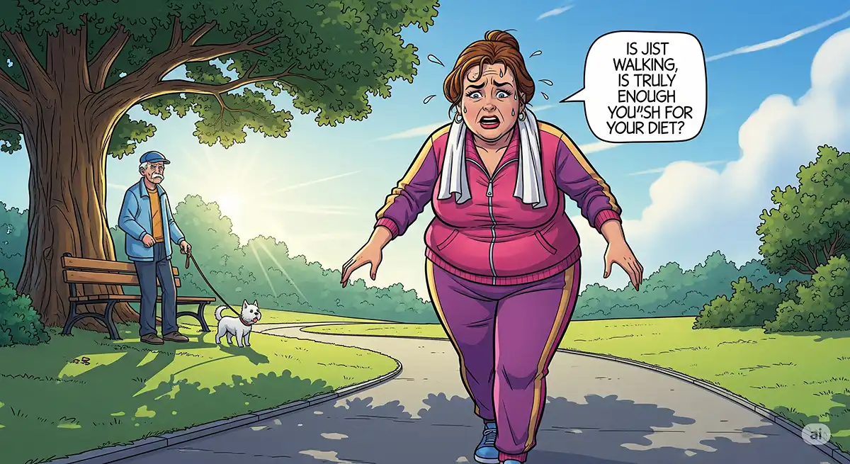 ただ歩くだけじゃ、ダイエットにならないのかな？と疑問を持ちながらウォーキングダイエットを続けている小太りの女性