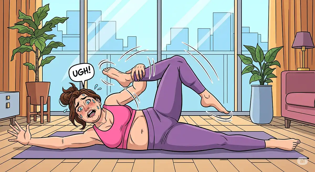 仰向けでハムストリングストレッチをやっている小太りの女性