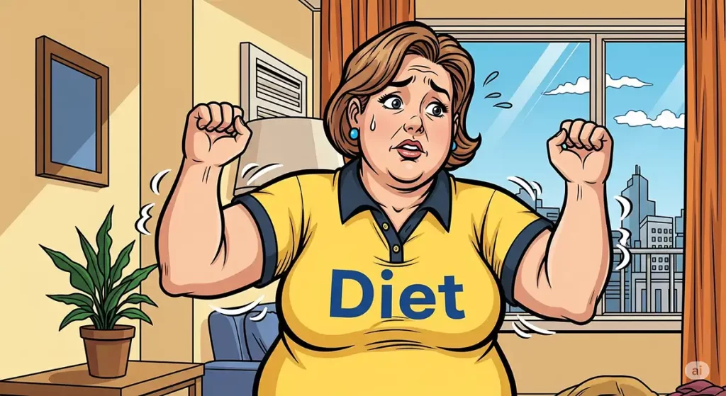 たるんだ二の腕をぶらぶら振りながら細くするにはどうすりゃいいんだろうと諦めの表情を浮かべながら悩んでいる小太りの女性