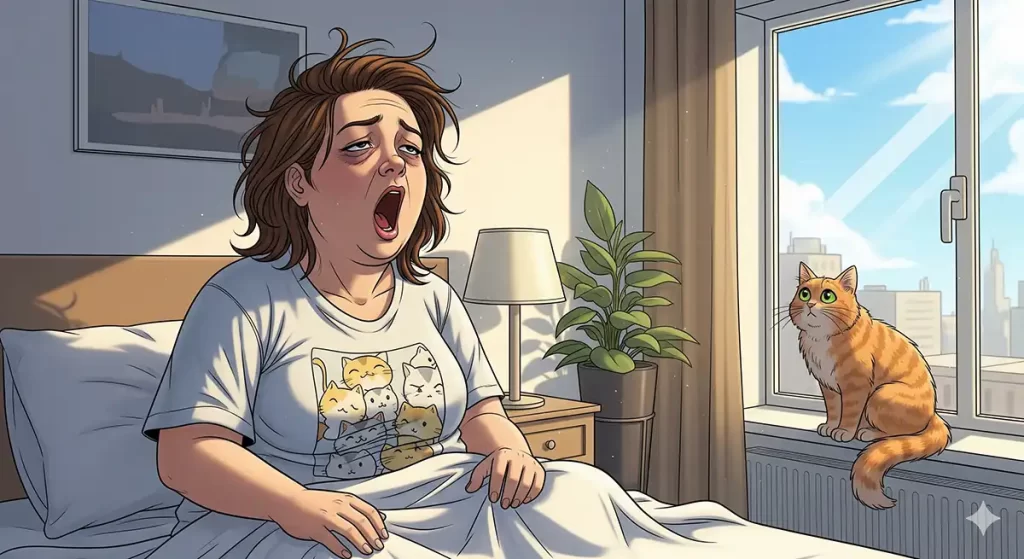 マンションの一室、ベッドの上で目覚めたが、寝不足で大あくびをしている小太りの女性