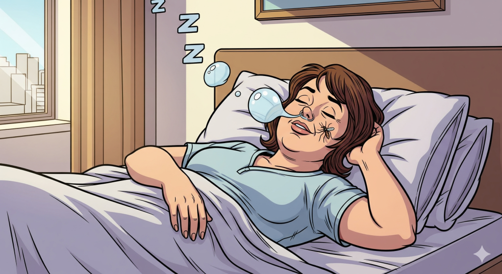 マンションの一室、ベッドの上で、気持ちよさそうに深い眠りについている小太りの中年女性