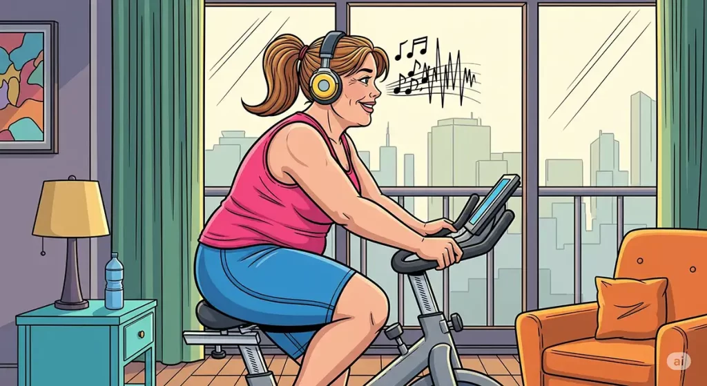 マンションの一室で耳にイヤホンを付け音楽を聞きながら自転車漕ぎ運動をしている小太りの中年女性