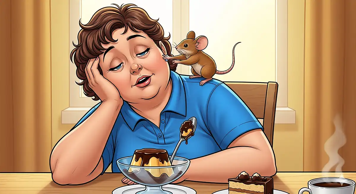 デザートのプリンを食べているのに猛烈な眠けに襲われている小太りの中年女性