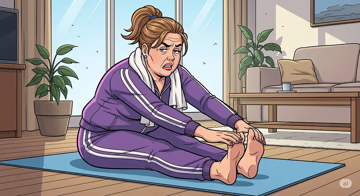 明るいマンションの部屋でストレッチ運動をしている小太りの中年女性