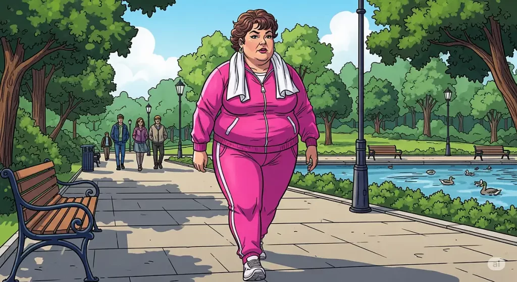 公園の遊歩道、ピンク色のジャージ姿で首にはタオル、ゆっくりとウォーキングしている小太りの女性