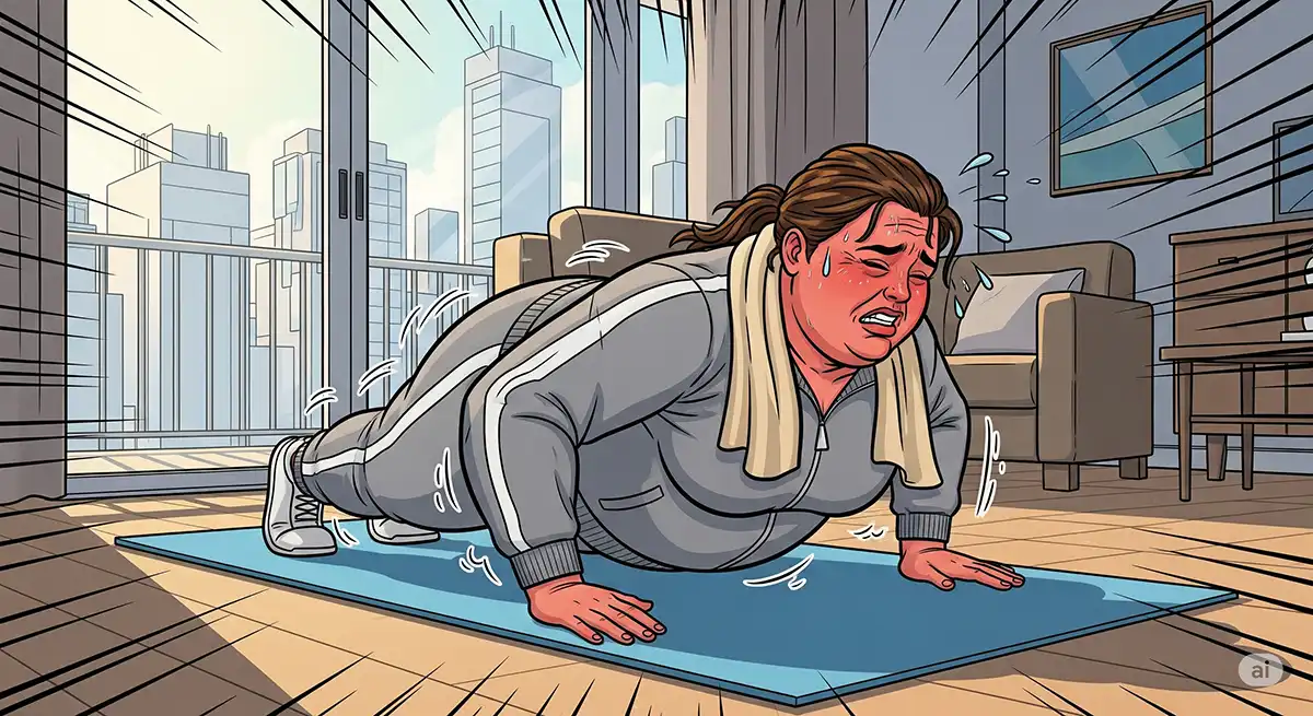 腕立て伏せをしている小太り女性