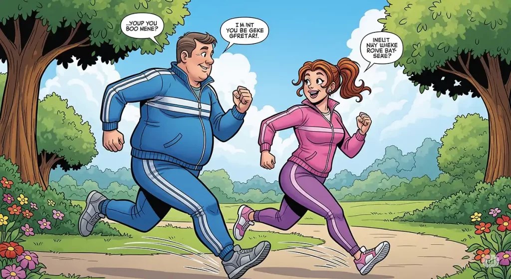 ジャージを着てウォーキングシューズを着用。話をしながら楽しそうにトレーニングしている様子