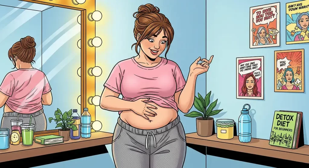 脱衣室で自分の下腹を見ながらデトックスダイエットの効果を確認する小太り女性