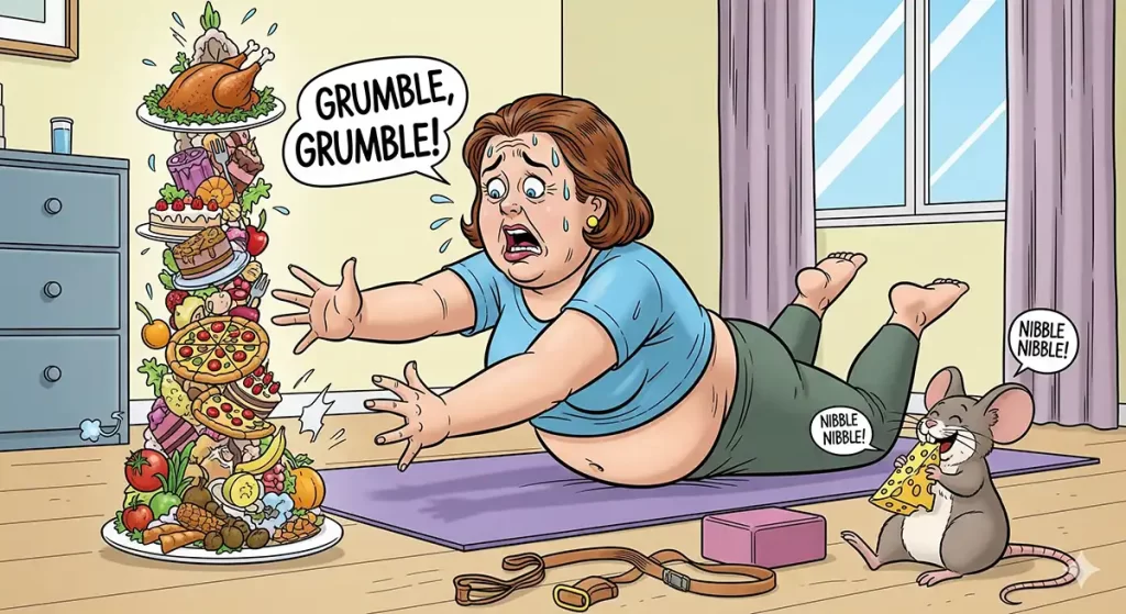 ファスティングダイエットで断食中、空腹に耐えかねて苦悶の表情を浮かべている小太りの中年女性